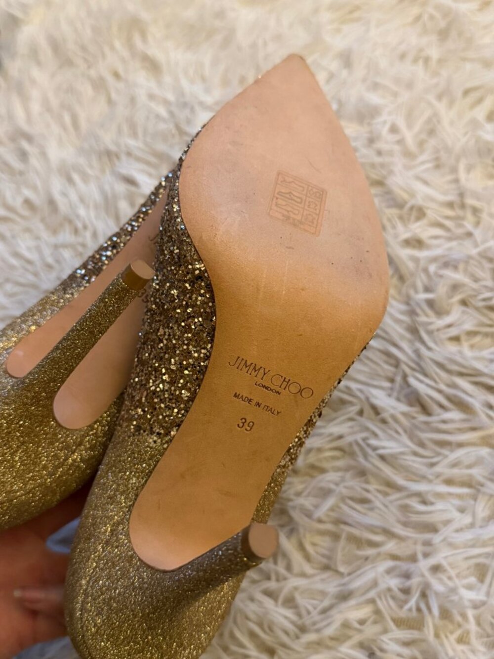 Jimmy Choo Romy Gold Glitter Pointed Pumps 39